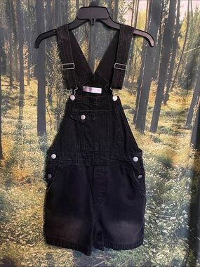 No Boundaries Black Denim Short Overalls with Pink Label